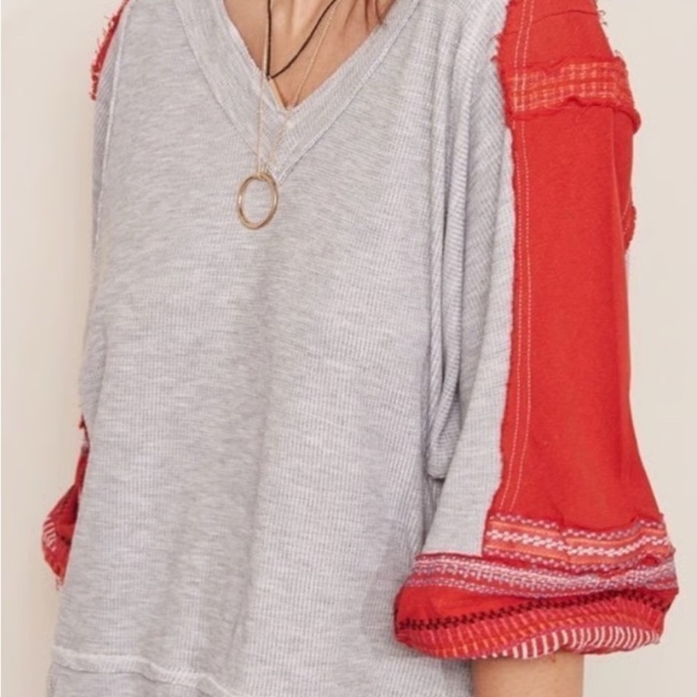 We The Free Gray and Red V-Neck Sweater